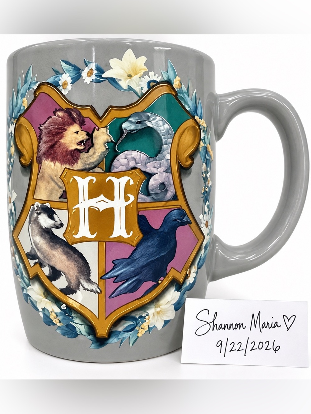 Harry Potter Gray Ceramic Crest Mug with Floral Wreath and Monogram H